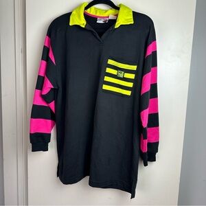 HangTen Black Neon Yellow & Pink Vintage80’/90’s?Striped Long Sleeve Shirt L-XL?